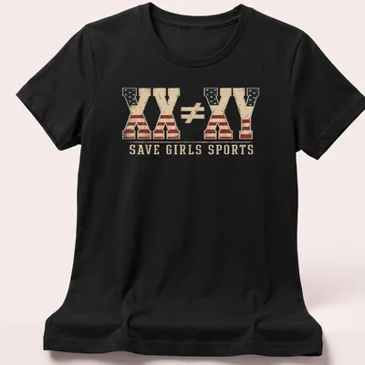 Vintage distressed tee with text and American flag pattern supporting girls sports — printed on a women's shirt