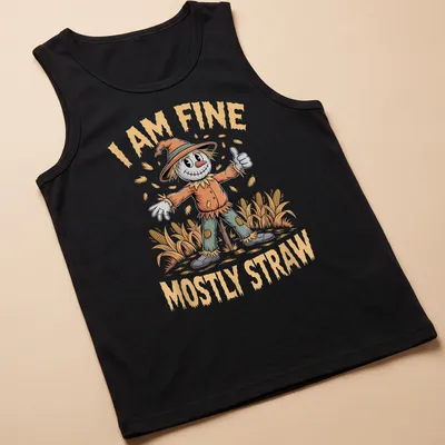Cartoonish scarecrow with a cheerful grin and text 'I AM FINE MOSTLY STRAW' in bright colors — printed on a tank top