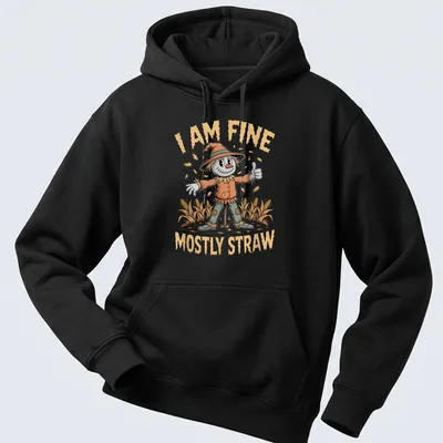 Cartoonish scarecrow with a cheerful grin and text 'I AM FINE MOSTLY STRAW' in bright colors — printed on a unisex hoodie