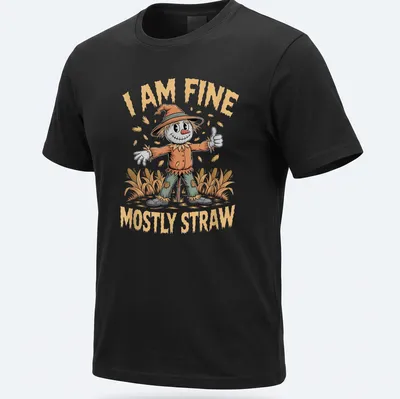 Cartoonish scarecrow with a cheerful grin and text 'I AM FINE MOSTLY STRAW' in bright colors — printed on a unisex t-shirt