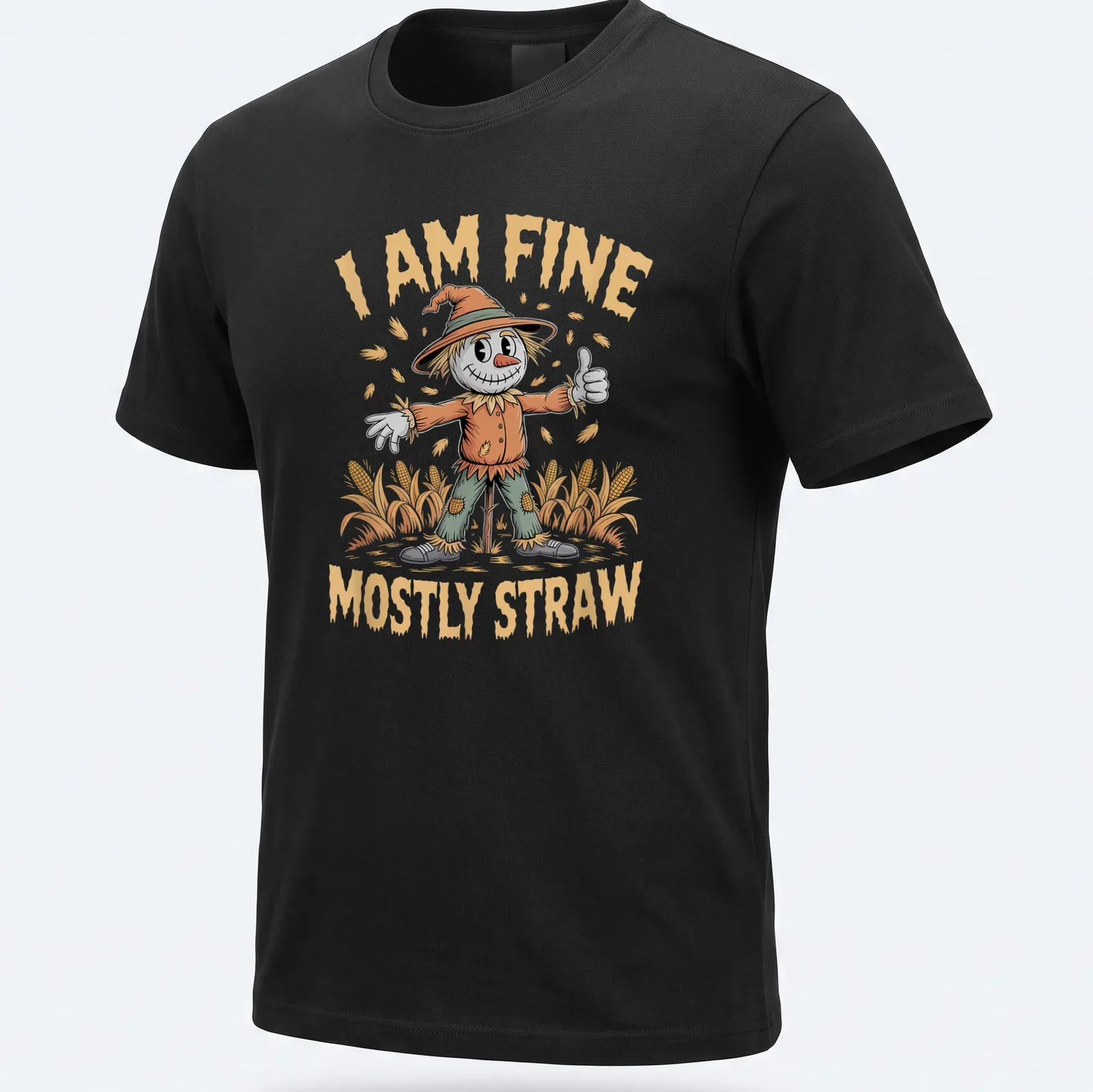 Cartoonish scarecrow with a cheerful grin and text 'I AM FINE MOSTLY STRAW' in bright colors — printed on a unisex t-shirt
