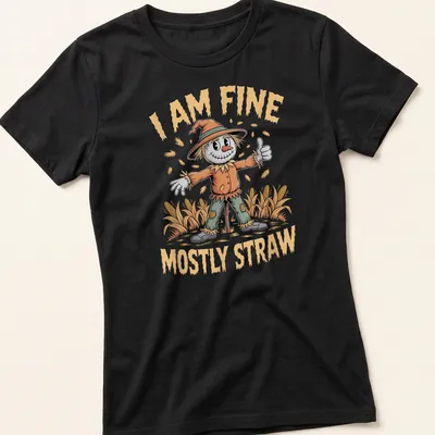Cartoonish scarecrow with a cheerful grin and text 'I AM FINE MOSTLY STRAW' in bright colors — printed on a women's shirt