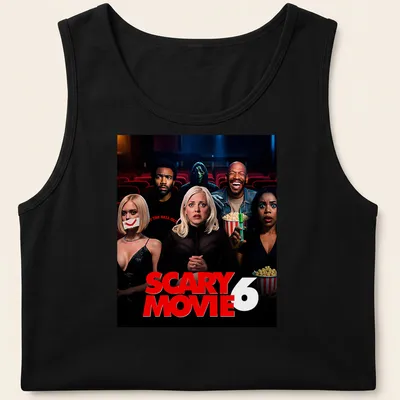 Illustration of Scary Movie 6 characters in bold colors with movie poster style — printed on a tank top