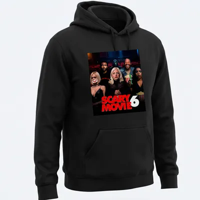 Illustration of Scary Movie 6 characters in bold colors with movie poster style — printed on a unisex hoodie