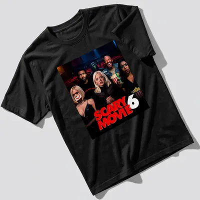 Illustration of Scary Movie 6 characters in bold colors with movie poster style — printed on a unisex t-shirt