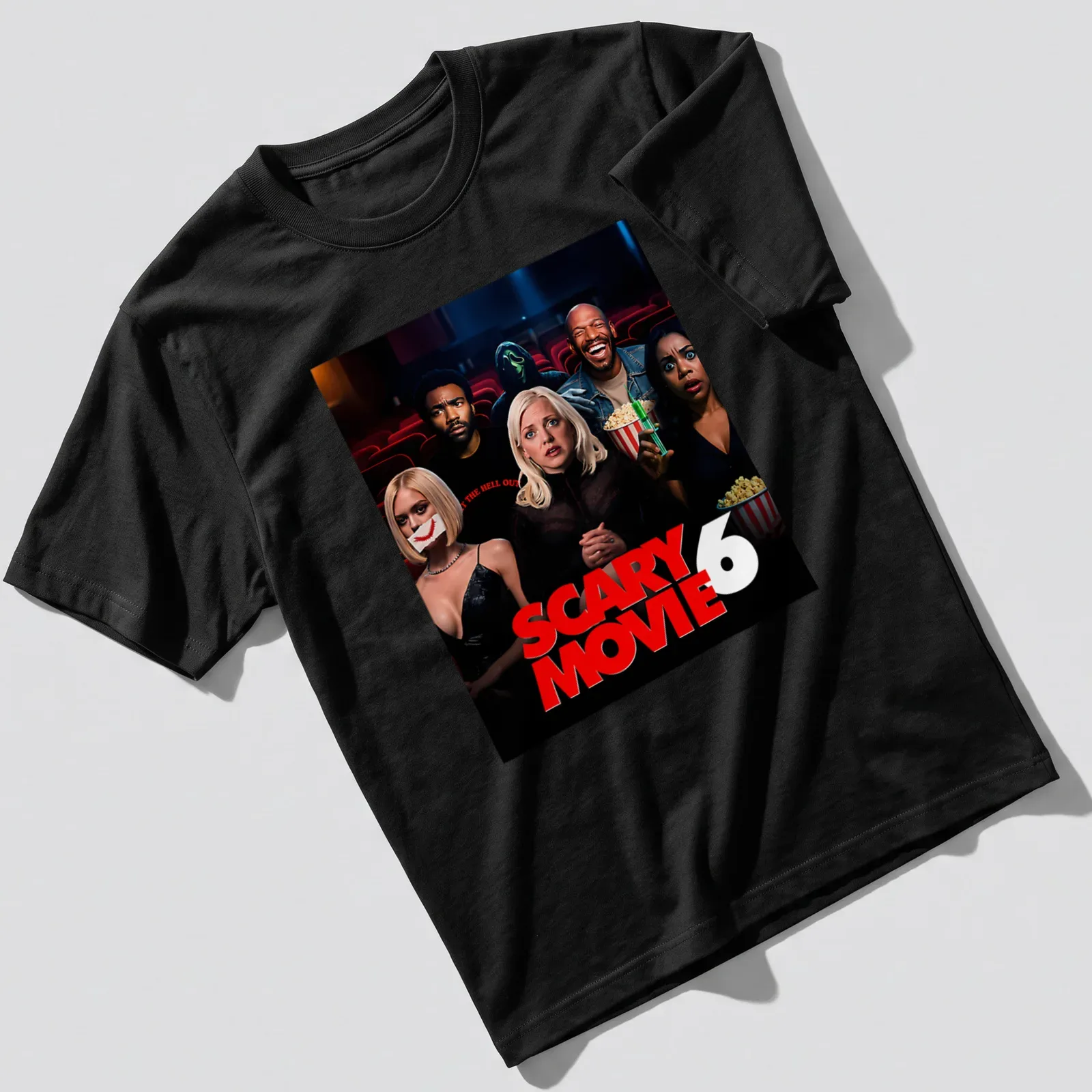 Illustration of Scary Movie 6 characters in bold colors with movie poster style — printed on a unisex t-shirt