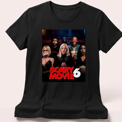Illustration of Scary Movie 6 characters in bold colors with movie poster style — printed on a women's shirt