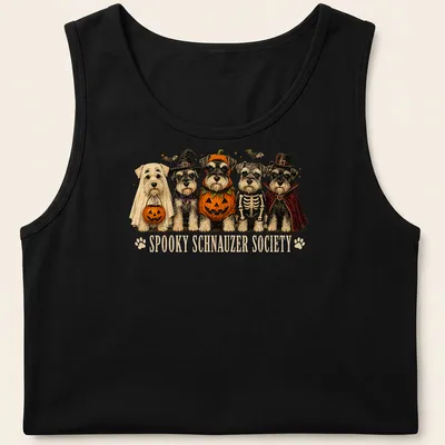 Vintage illustration of Schnauzers in Halloween costumes with text — printed on a tank top