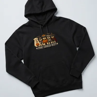 Vintage illustration of Schnauzers in Halloween costumes with text — printed on a unisex hoodie