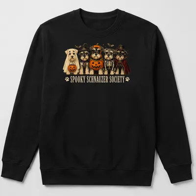 Vintage illustration of Schnauzers in Halloween costumes with text — printed on a unisex sweatshirt