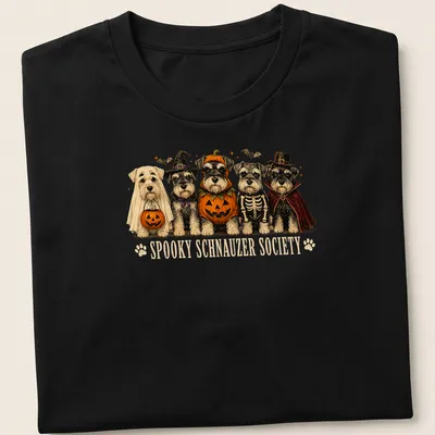 Vintage illustration of Schnauzers in Halloween costumes with text — printed on a unisex t-shirt
