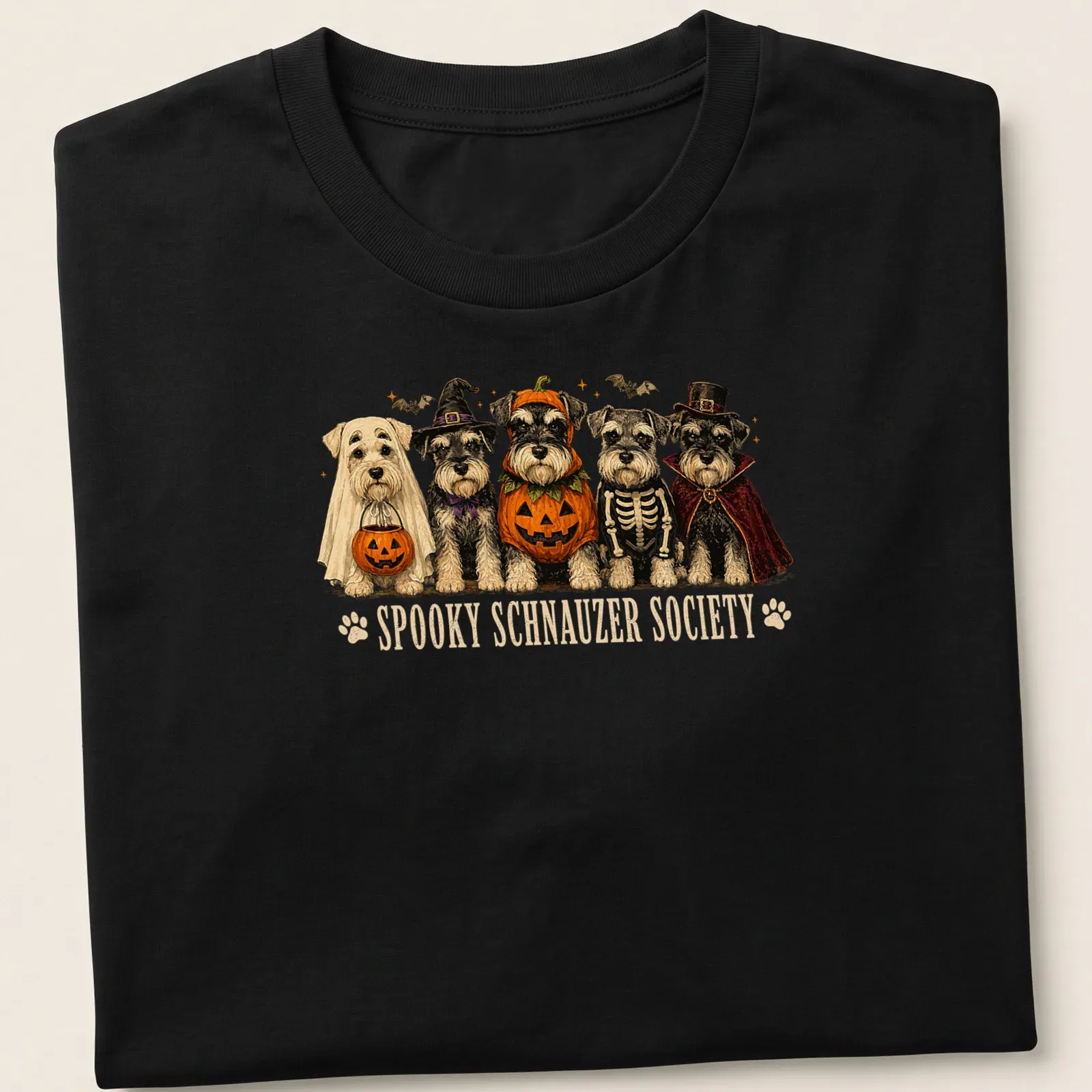 Vintage illustration of Schnauzers in Halloween costumes with text — printed on a unisex t-shirt