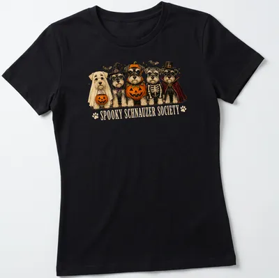 Vintage illustration of Schnauzers in Halloween costumes with text — printed on a women's shirt