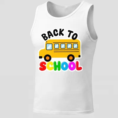 Colorful cartoon of a school bus with the text 'BACK TO SCHOOL' — printed on a tank top