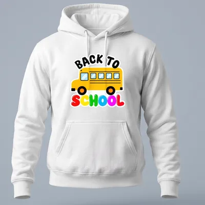 Colorful cartoon of a school bus with the text 'BACK TO SCHOOL' — printed on a unisex hoodie