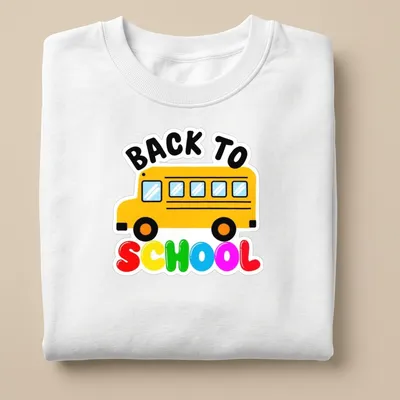 Colorful cartoon of a school bus with the text 'BACK TO SCHOOL' — printed on a unisex sweatshirt