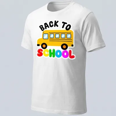 Colorful cartoon of a school bus with the text 'BACK TO SCHOOL' — printed on a unisex t-shirt