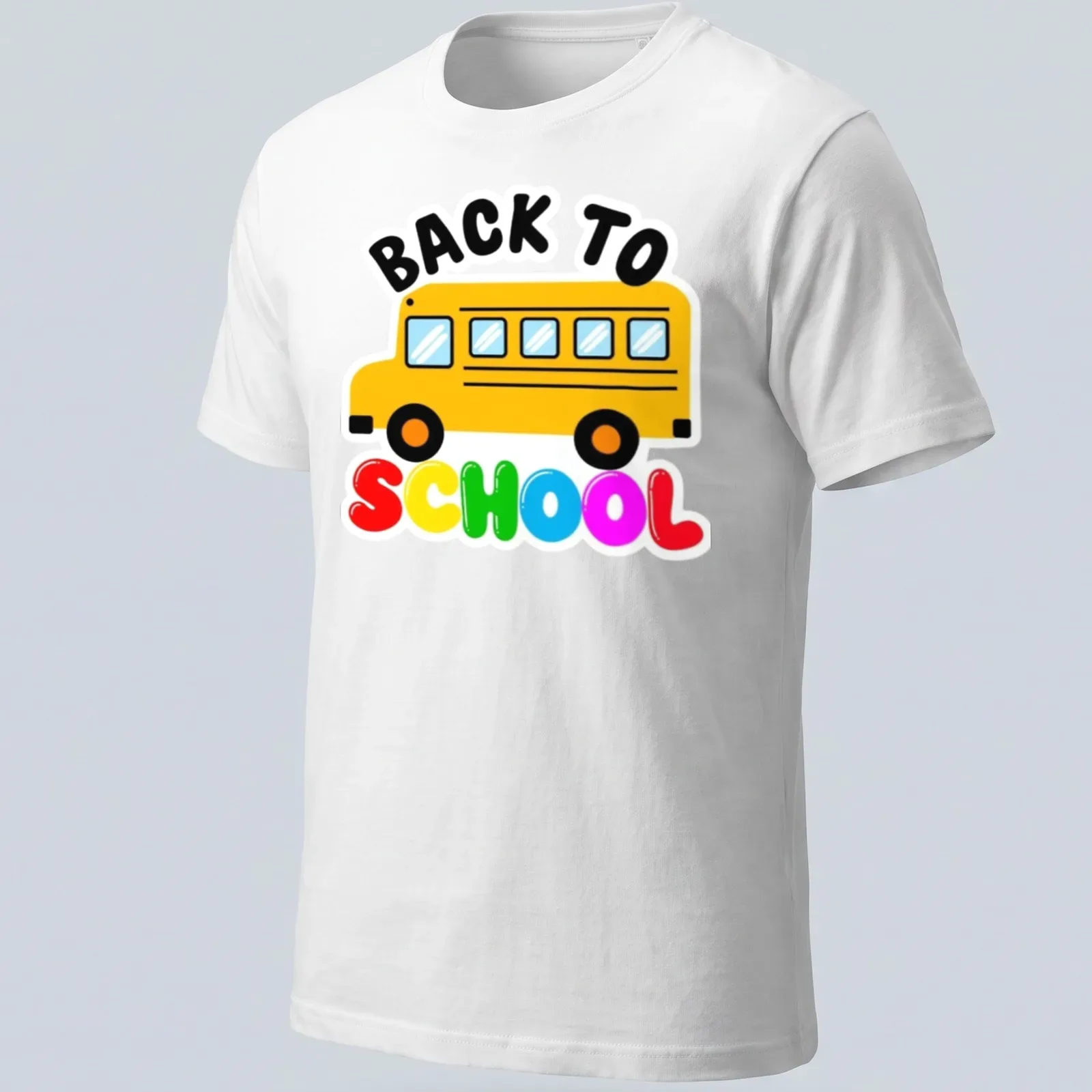 Colorful cartoon of a school bus with the text 'BACK TO SCHOOL' — printed on a unisex t-shirt
