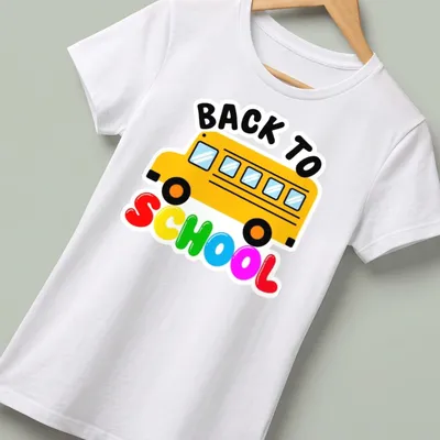 Colorful cartoon of a school bus with the text 'BACK TO SCHOOL' — printed on a women's shirt