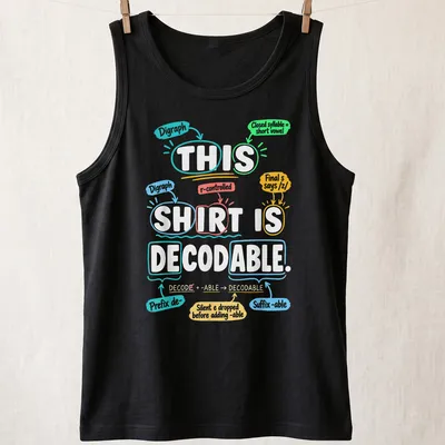 Decodable shirt for teachers, featuring colorful text promoting literacy — printed on a tank top