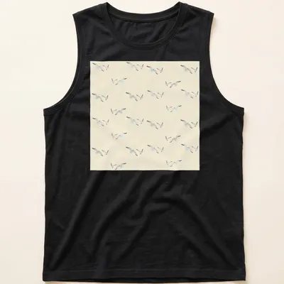 Watercolor design of seagulls in light beige and gray against a light blue background. — printed on a tank top