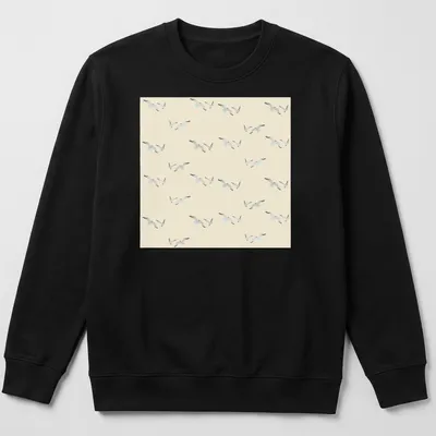 Watercolor design of seagulls in light beige and gray against a light blue background. — printed on a unisex sweatshirt
