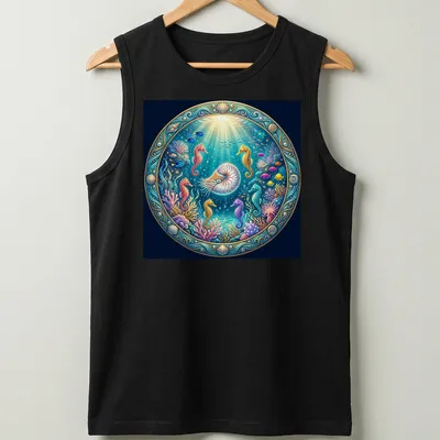 Illustration of nautilus and seahorses in vibrant underwater colors — printed on a tank top