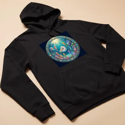 Illustration of nautilus and seahorses in vibrant underwater colors — printed on a unisex hoodie