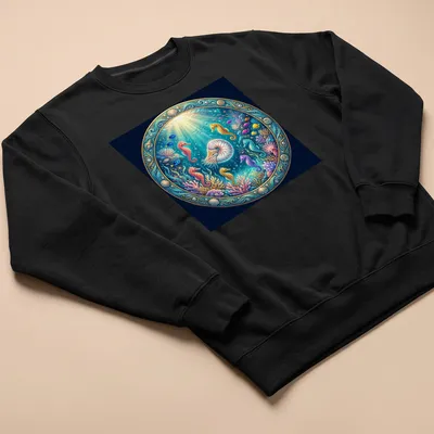 Illustration of nautilus and seahorses in vibrant underwater colors — printed on a unisex sweatshirt