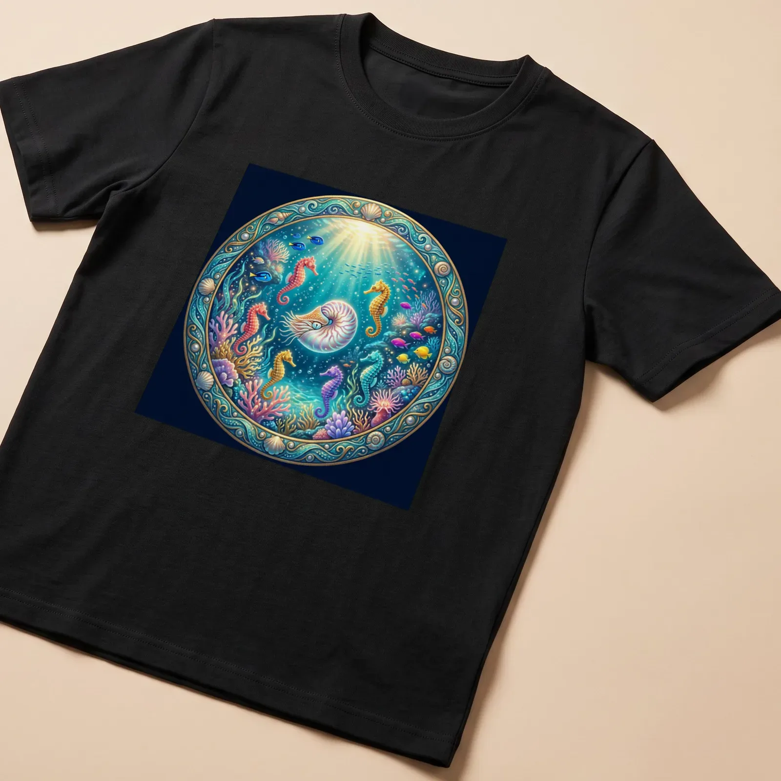 Illustration of nautilus and seahorses in vibrant underwater colors — printed on a unisex t-shirt