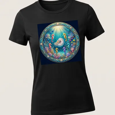Illustration of nautilus and seahorses in vibrant underwater colors — printed on a women's shirt