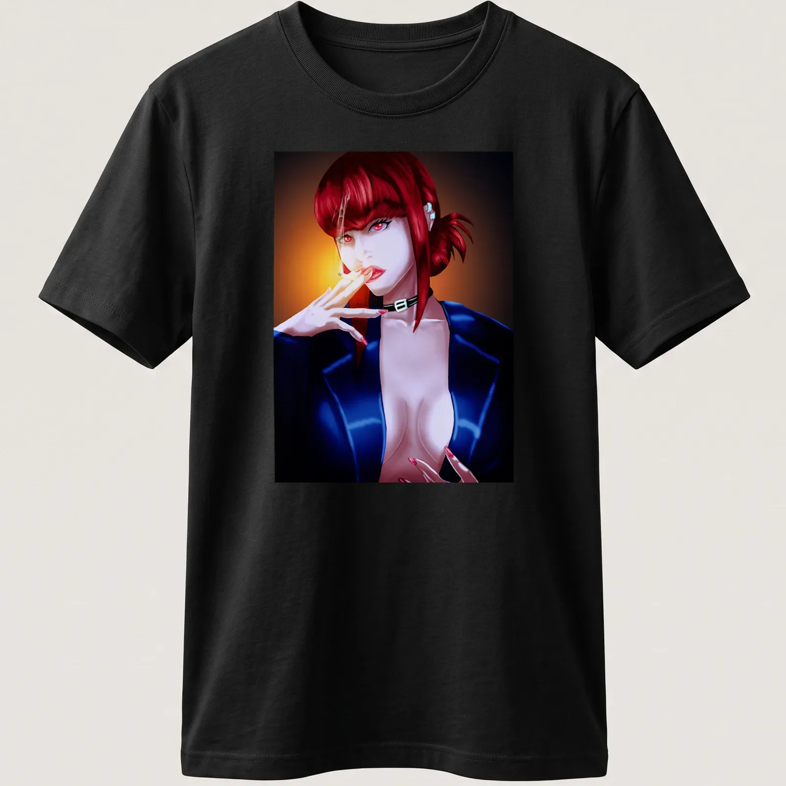 Digital illustration of a seductive woman with a cigarette in bold colors. — printed on a unisex t-shirt