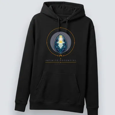 Geometric design featuring the text 'INFINITE POTENTIAL SEED OF GALAXY' on modern — printed on a unisex hoodie