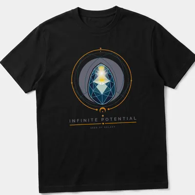 Geometric design featuring the text 'INFINITE POTENTIAL SEED OF GALAXY' on modern T-shirt