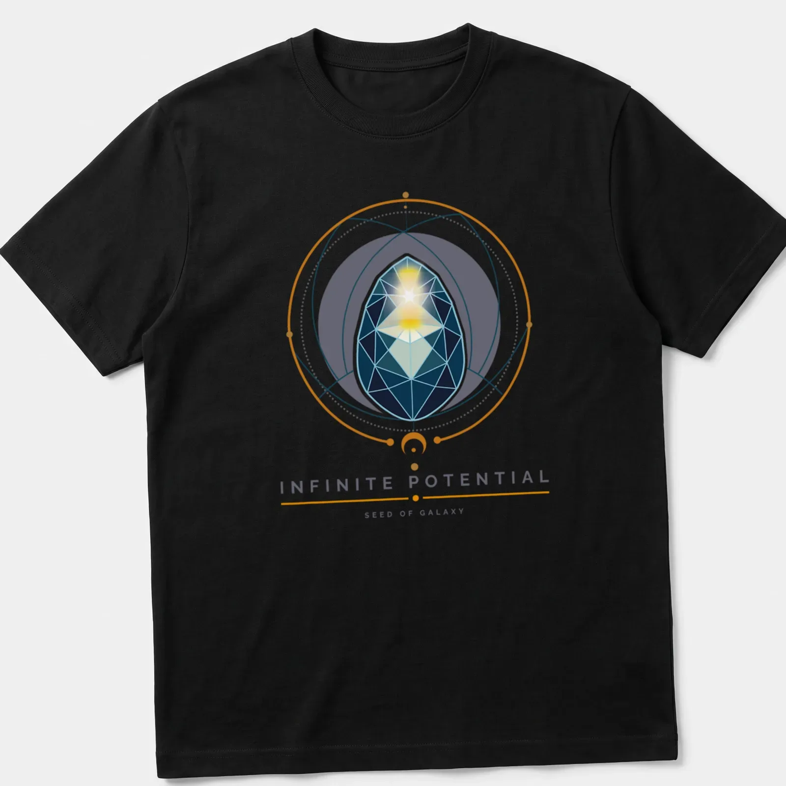 Geometric design featuring the text 'INFINITE POTENTIAL SEED OF GALAXY' on modern — printed on a unisex t-shirt