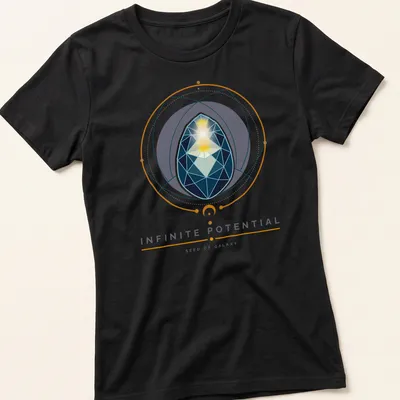 Geometric design featuring the text 'INFINITE POTENTIAL SEED OF GALAXY' on modern — printed on a women's shirt