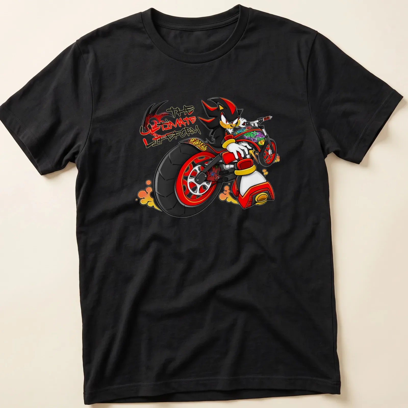 Graffiti-style print of Shadow The Hedgehog with bold colors — printed on a unisex t-shirt