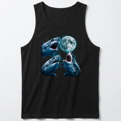 Vintage graphic of sharks howling at the moon in blue and gray — printed on a tank top