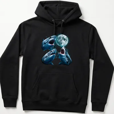 Vintage graphic of sharks howling at the moon in blue and gray — printed on a unisex hoodie