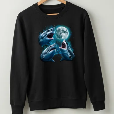 Vintage graphic of sharks howling at the moon in blue and gray — printed on a unisex sweatshirt