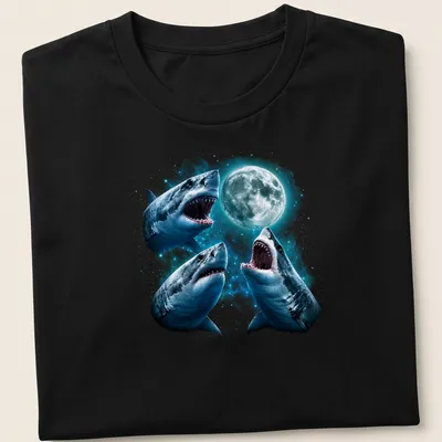 Vintage graphic of sharks howling at the moon in blue and gray — printed on a unisex t-shirt
