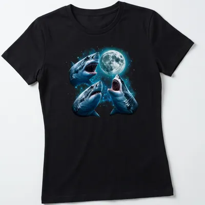 Vintage graphic of sharks howling at the moon in blue and gray — printed on a women's shirt