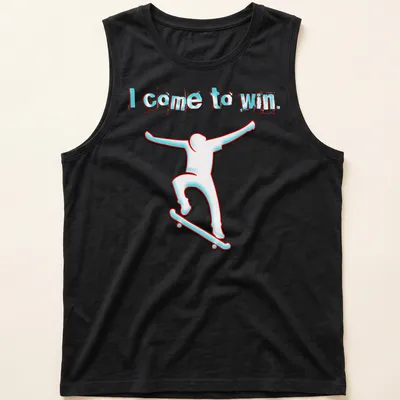 Skateboarder silhouette with the text 'I come to win' in white, cyan, and red — printed on a tank top
