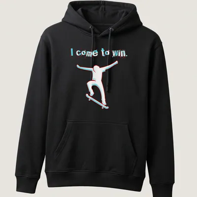 Skateboarder silhouette with the text 'I come to win' in white, cyan, and red — printed on a unisex hoodie