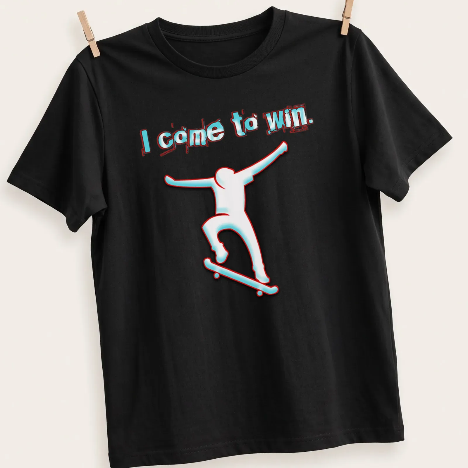 Skateboarder silhouette with the text 'I come to win' in white, cyan, and red — printed on a unisex t-shirt