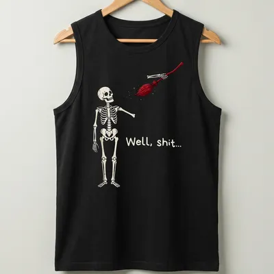 Cartoon skeleton holding broom with humorous text above in beige, red, and black — printed on a tank top