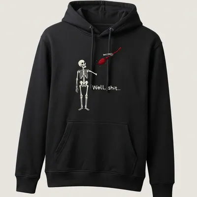 Cartoon skeleton holding broom with humorous text above in beige, red, and black — printed on a unisex hoodie