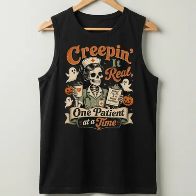 Humorous skeleton nurse graphic with Halloween theme featuring text — printed on a tank top