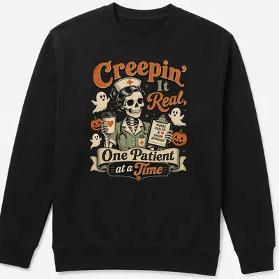 Humorous skeleton nurse graphic with Halloween theme featuring text — printed on a unisex sweatshirt