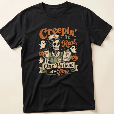Humorous skeleton nurse graphic with Halloween theme featuring text